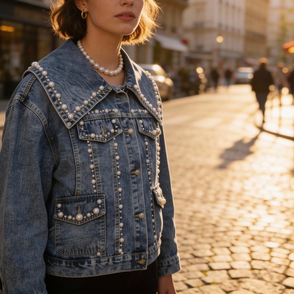 #A002   Pearl Embellished Denim Jacket – Size L – New without Tag - Picture 5 of 14